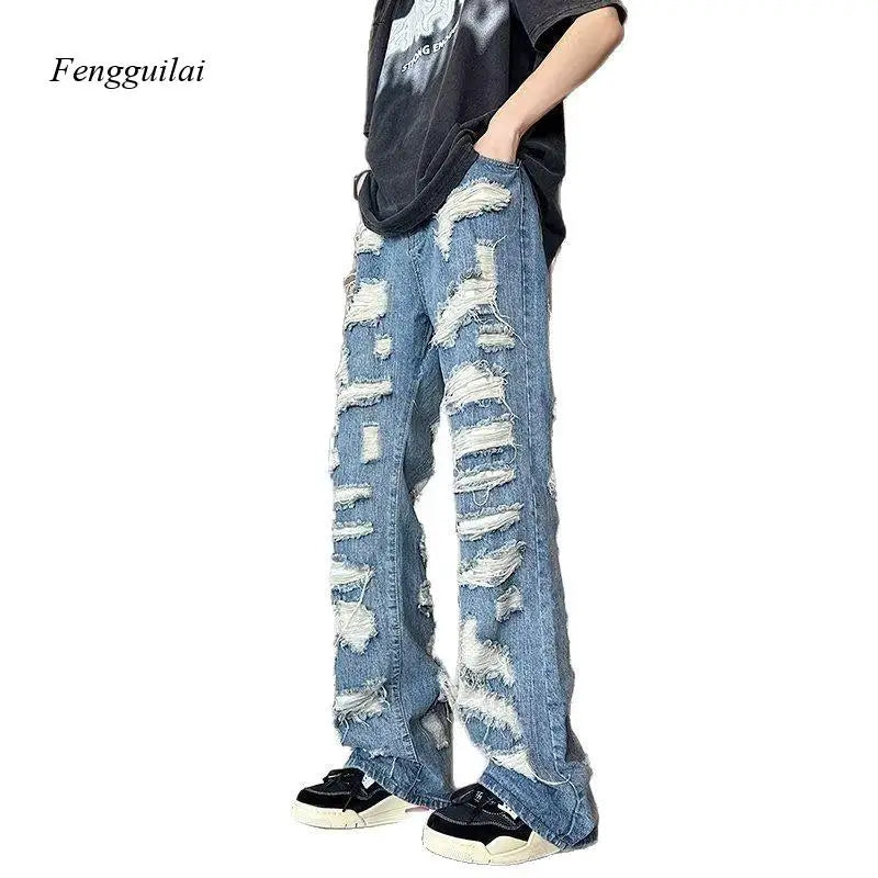 Vintage All-Over Ripped Baggy Jeans for Men Heavy Distressed Washed Blue Denim Streetwear Pants