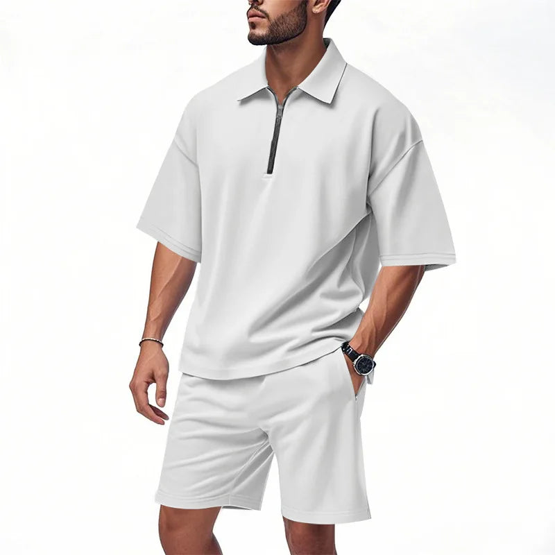 Mens Hip Hop Baggy 2 Piece Sets Summer Solid Color Zipper Polo Top Shorts Casual Fashion Streetwear Outfits