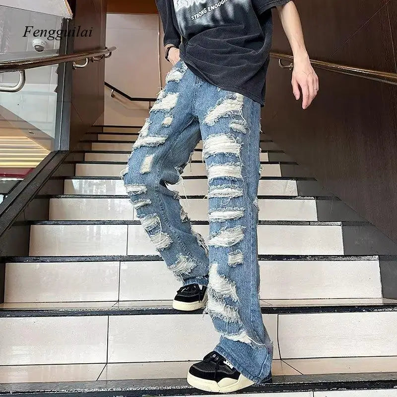 Vintage All-Over Ripped Baggy Jeans for Men Heavy Distressed Washed Blue Denim Streetwear Pants