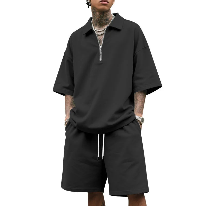 Mens Hip Hop Baggy 2 Piece Sets Summer Solid Color Zipper Polo Top Shorts Casual Fashion Streetwear Outfits