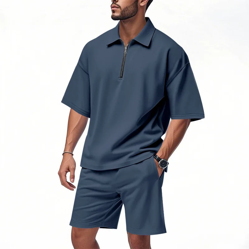 Mens Hip Hop Baggy 2 Piece Sets Summer Solid Color Zipper Polo Top Shorts Casual Fashion Streetwear Outfits