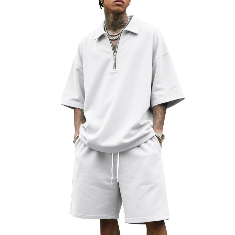 Mens Hip Hop Baggy 2 Piece Sets Summer Solid Color Zipper Polo Top Shorts Casual Fashion Streetwear Outfits