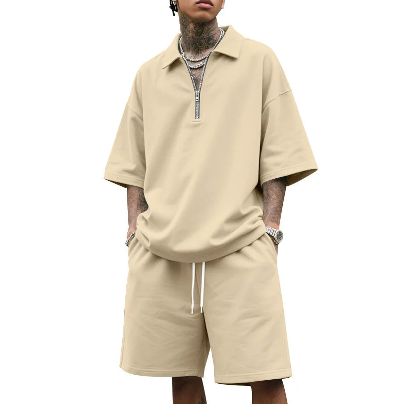 Mens Hip Hop Baggy 2 Piece Sets Summer Solid Color Zipper Polo Top Shorts Casual Fashion Streetwear Outfits
