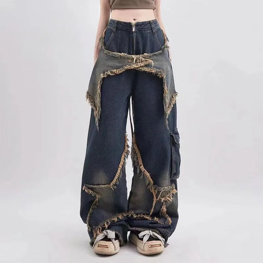 Baggy Jeans for Women Autumn/winter European and American Vintage Design Empty Star Appliqué and Faded Straight-leg Trousers