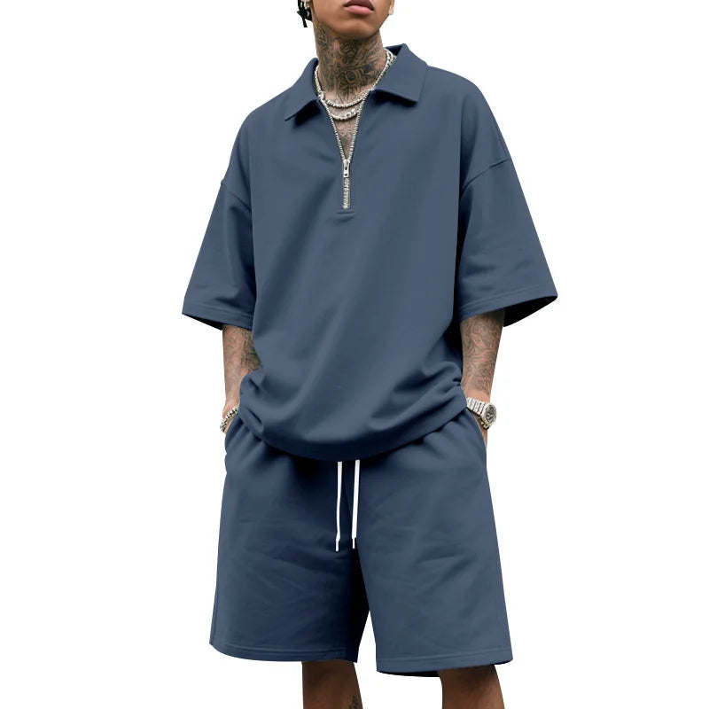 Mens Hip Hop Baggy 2 Piece Sets Summer Solid Color Zipper Polo Top Shorts Casual Fashion Streetwear Outfits