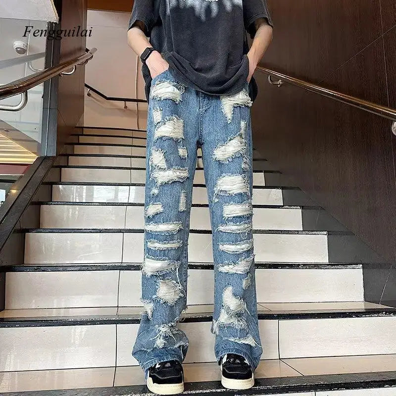 Vintage All-Over Ripped Baggy Jeans for Men Heavy Distressed Washed Blue Denim Streetwear Pants