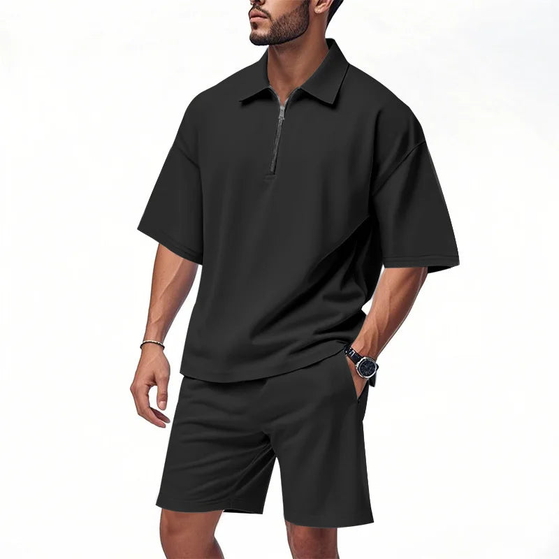 Mens Hip Hop Baggy 2 Piece Sets Summer Solid Color Zipper Polo Top Shorts Casual Fashion Streetwear Outfits