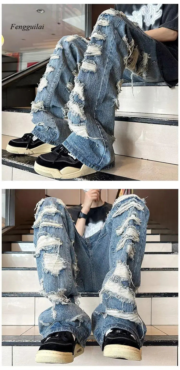 Vintage All-Over Ripped Baggy Jeans for Men Heavy Distressed Washed Blue Denim Streetwear Pants
