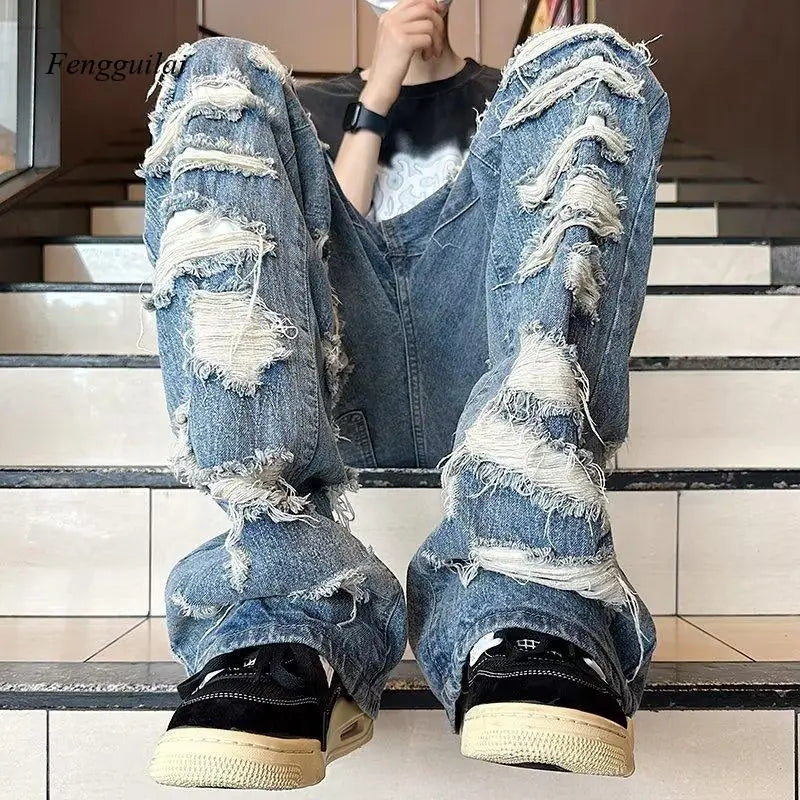 Vintage All-Over Ripped Baggy Jeans for Men Heavy Distressed Washed Blue Denim Streetwear Pants