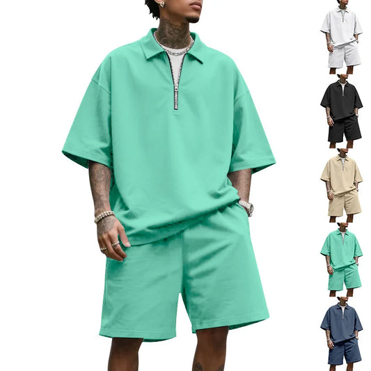 Mens Hip Hop Baggy 2 Piece Sets Summer Solid Color Zipper Polo Top Shorts Casual Fashion Streetwear Outfits
