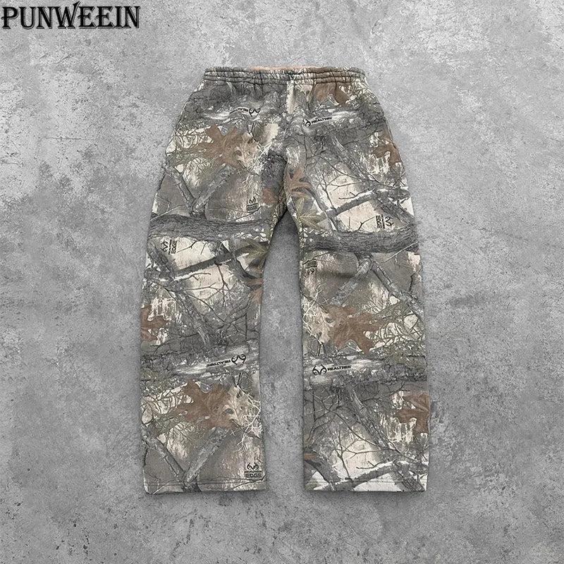 Y2K Baggy pants men vintage straight Elastic belt Camouflage Pattern pants Harajuku Hip Hop women Sweatpants wide leg trousers