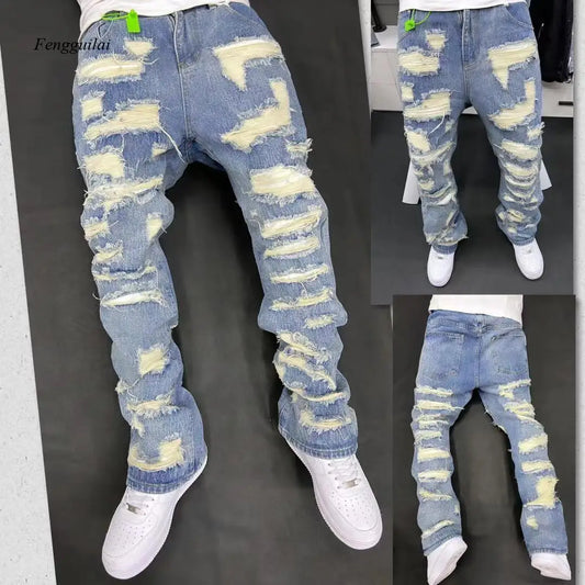 Vintage All-Over Ripped Baggy Jeans for Men Heavy Distressed Washed Blue Denim Streetwear Pants