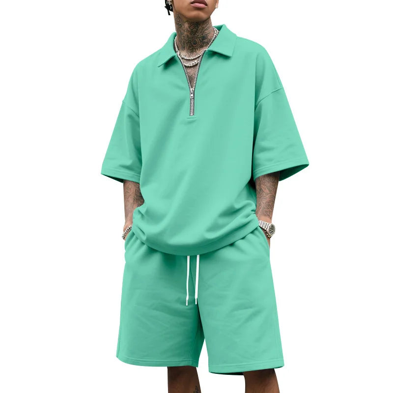 Mens Hip Hop Baggy 2 Piece Sets Summer Solid Color Zipper Polo Top Shorts Casual Fashion Streetwear Outfits