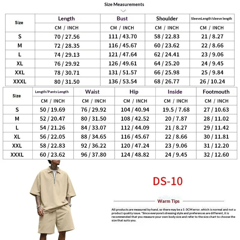 Mens Hip Hop Baggy 2 Piece Sets Summer Solid Color Zipper Polo Top Shorts Casual Fashion Streetwear Outfits